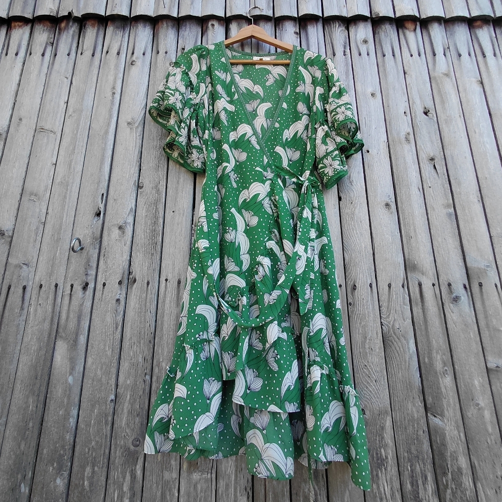 Max Studio green black white floral flutter sleeve boho romantic dress Womens L - Picture 10 of 17